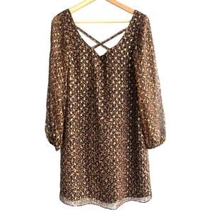 ALICE & TRIXIE brown tan black leopard gold metallic silk long sleeve mini dress